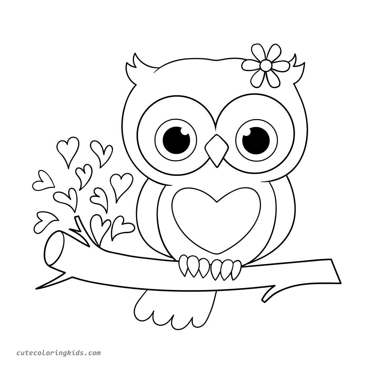 Adorable Owl on Branch with Hearts: A Sweet Coloring Page for Kids