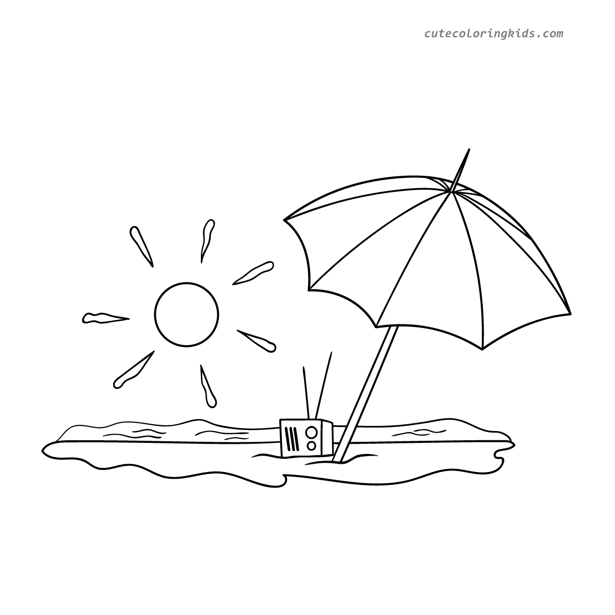 Sunny Beach Day: A Relaxing Coloring Page for Kids Featuring a Beach Umbrella and Radio