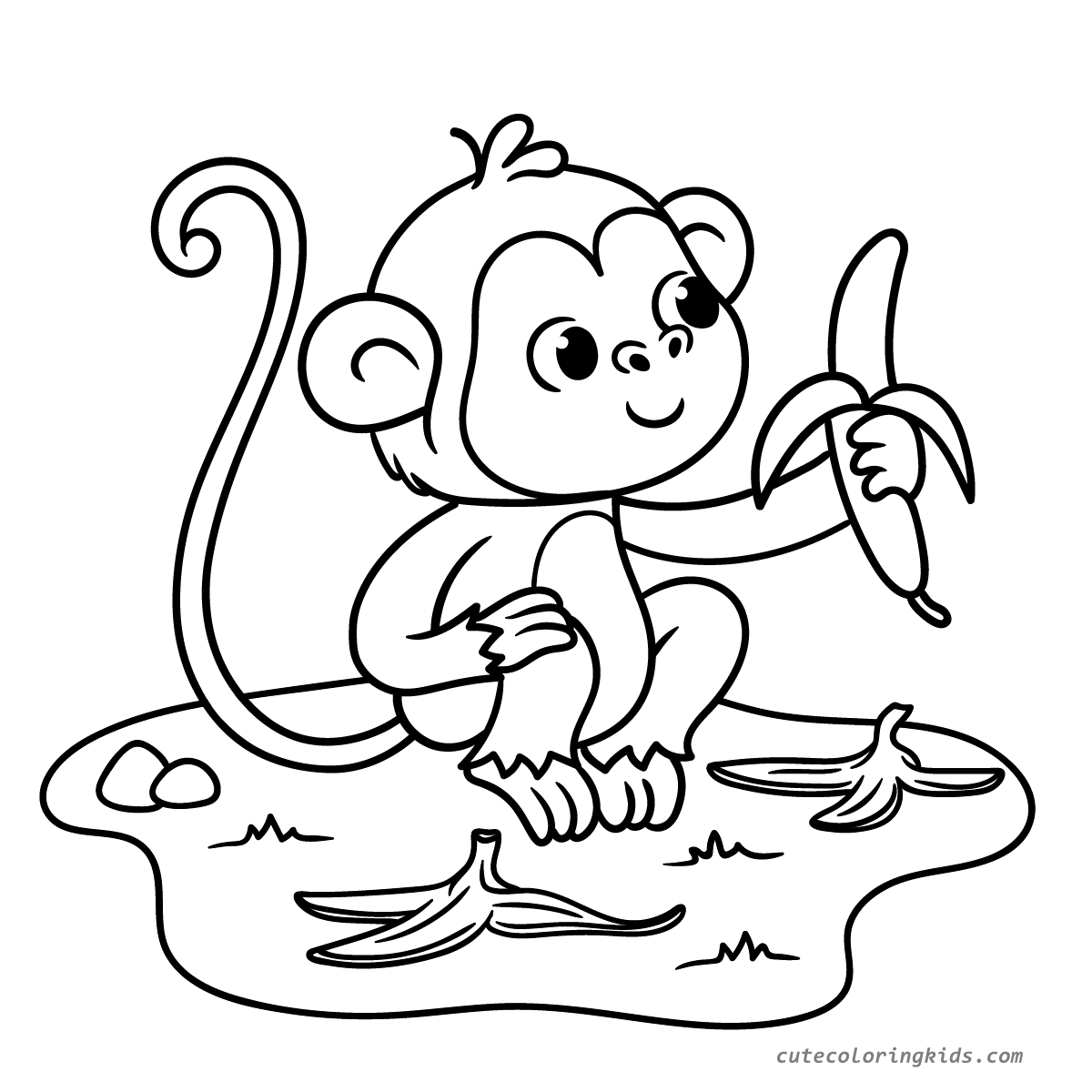 Adorable Monkey Enjoying a Banana Feast: A Fun Coloring Page for Kids