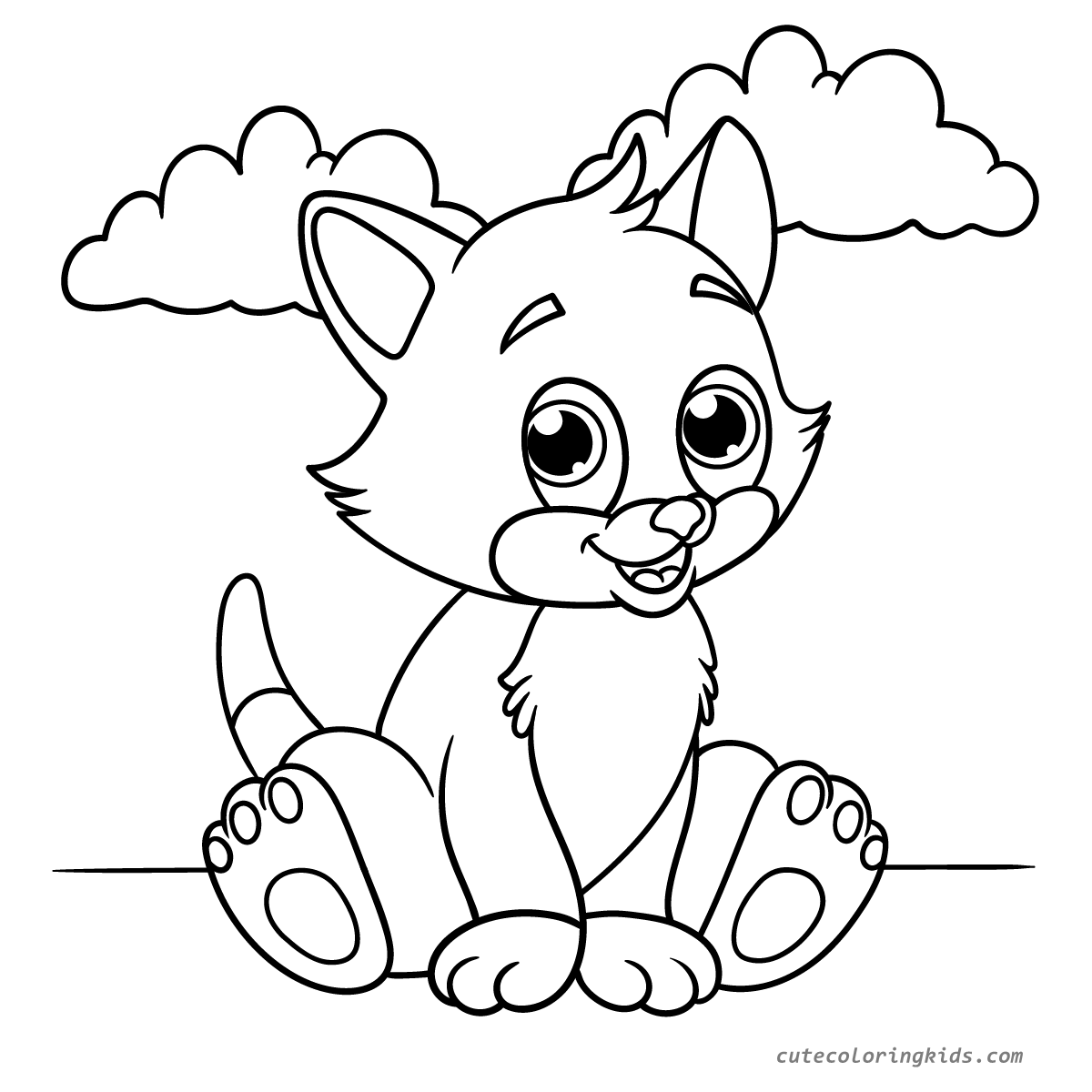 Adorable Cartoon Kitten Sitting Under Clouds - Children's Coloring Page Art