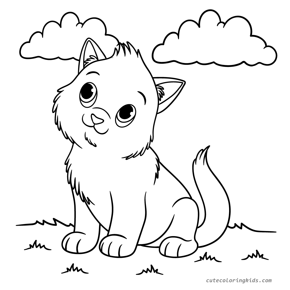 Adorable Fluffy Kitten Sitting on Grass Under Clouds Children's Coloring Page