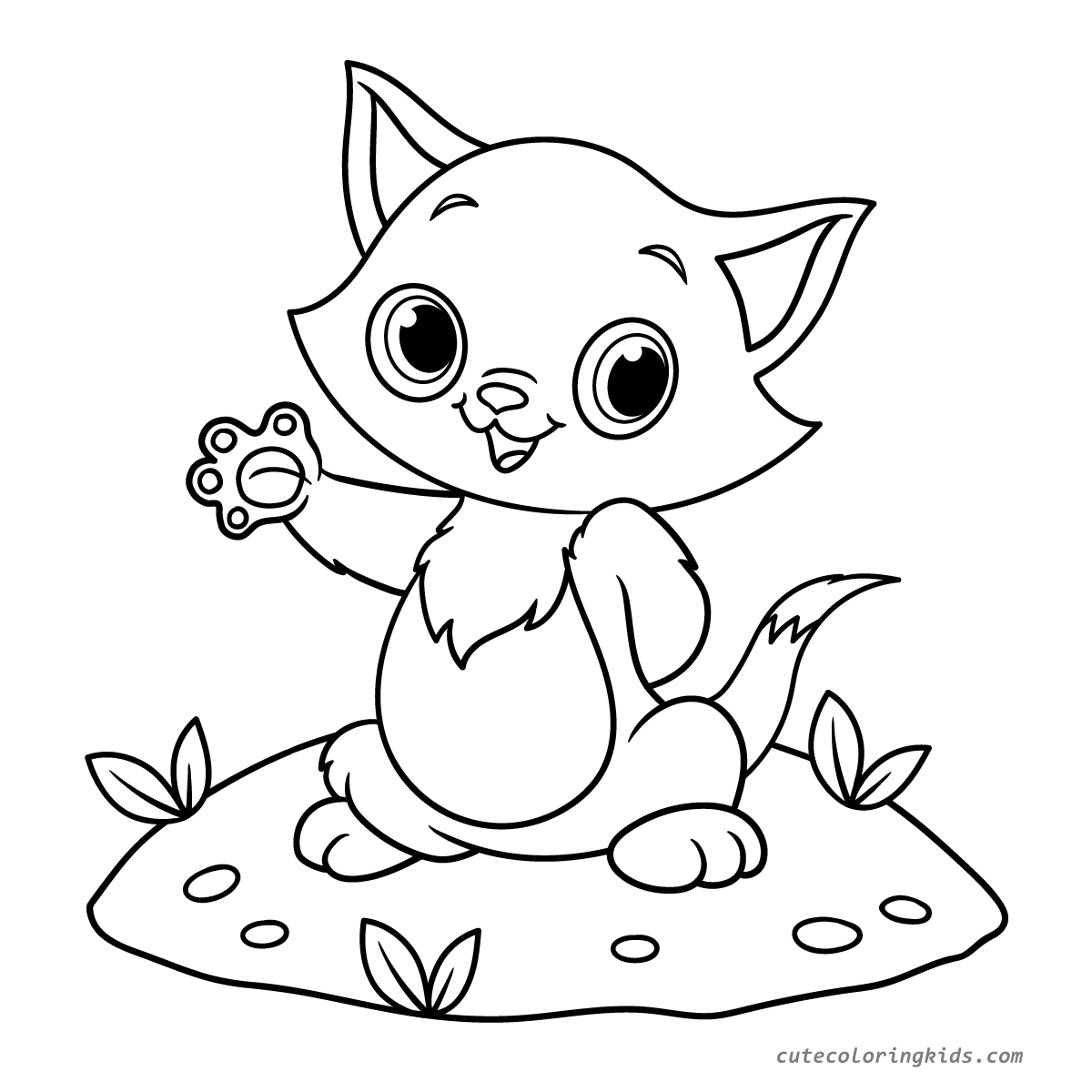 Adorable Playful Kitten on Grassy Hill Holding Paw Print Coloring Page for Kids