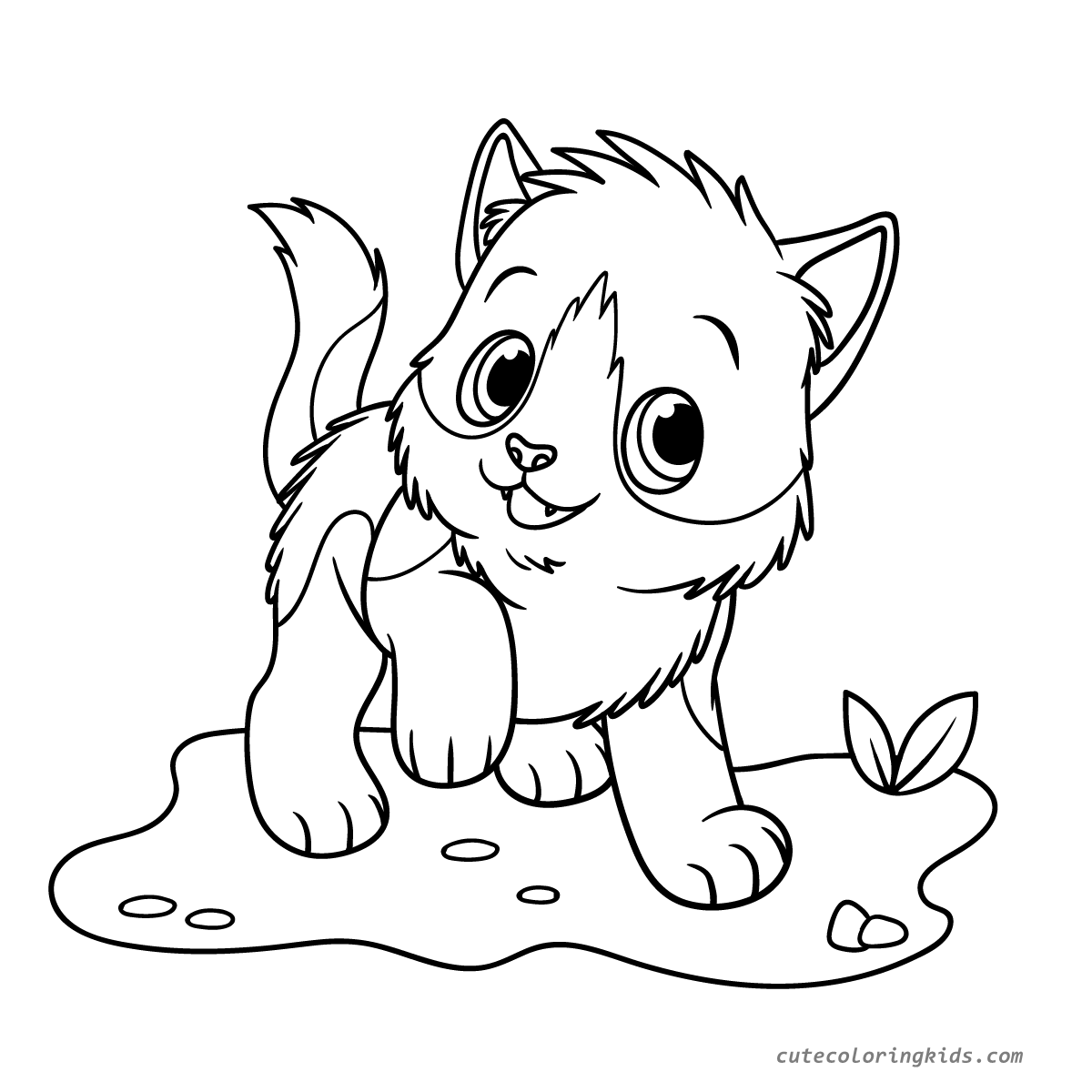 Adorable Playful Kitten on Grassy Patch with Plant Sprout Coloring Page for Children