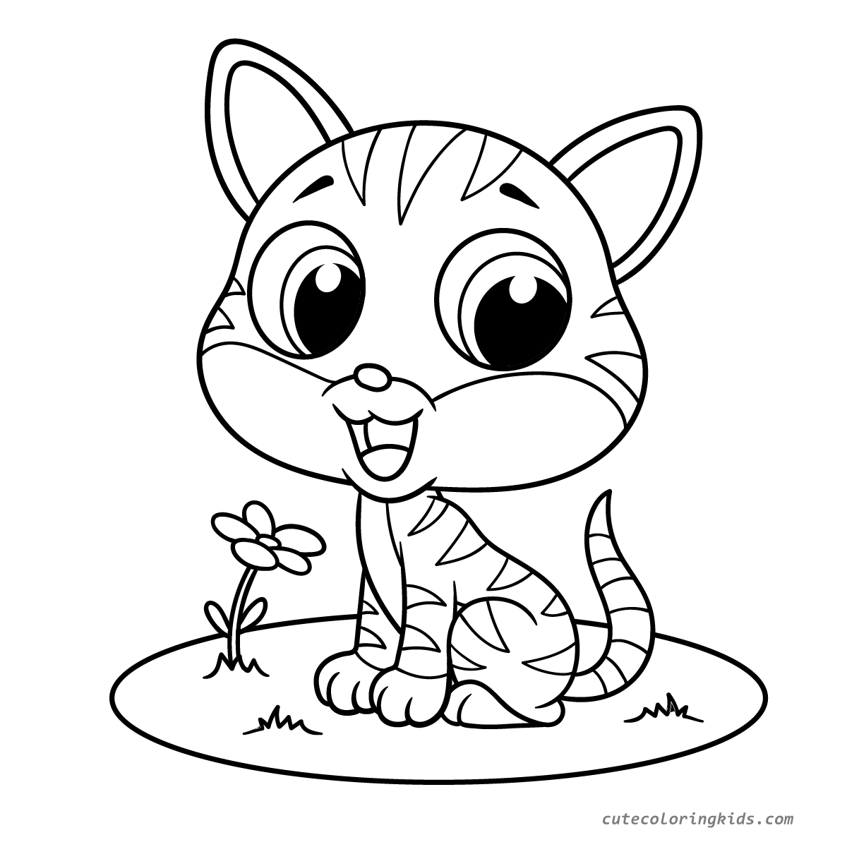 Adorable Tiger Kitten Sitting on Grass - Cute Animal Coloring Page for Children