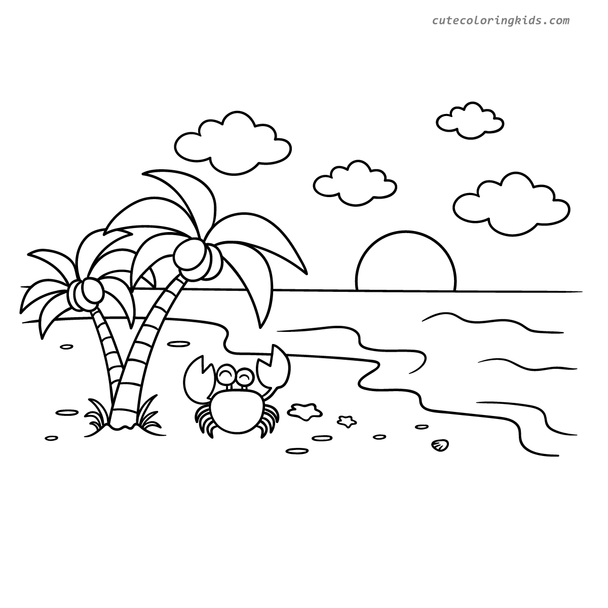 Tropical Beach Paradise Coloring Page with Palm Trees and Friendly Crab by the Ocean