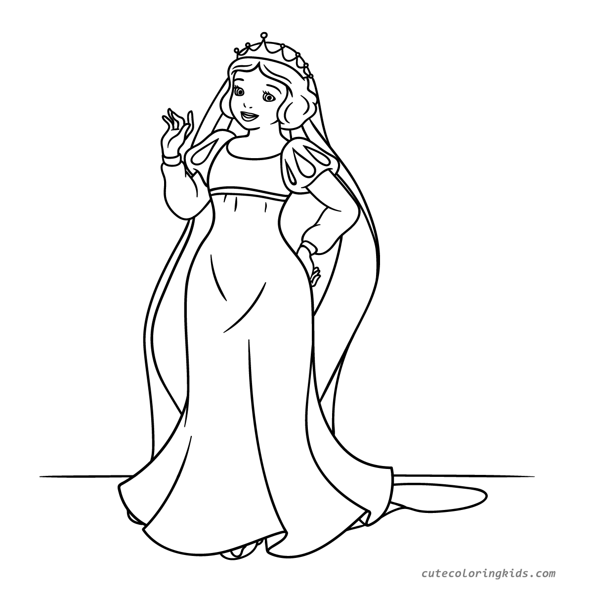 Elegant Royal Princess in Flowing Gown and Crown Outline Drawing for Coloring