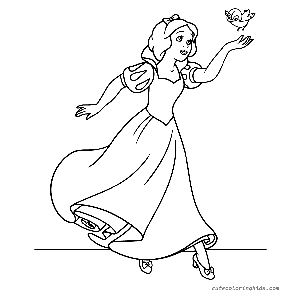 Enchanting Princess Dancing with Bird Friend Coloring Page for Children