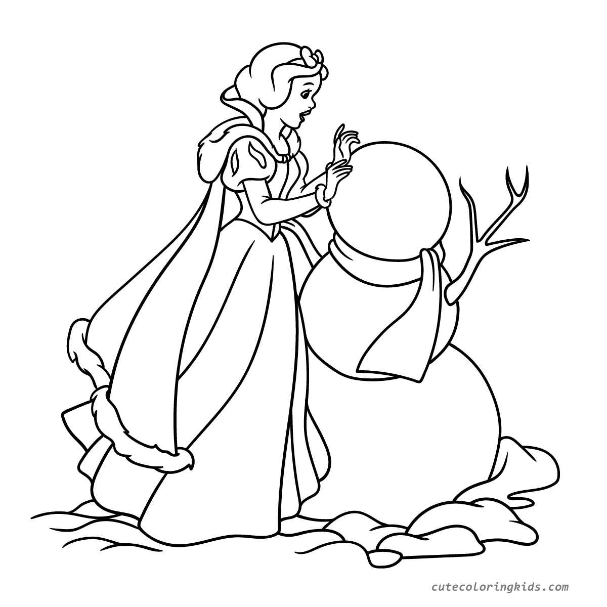 Princess and Snowman Winter Friendship Scene - Magical Fairytale Coloring Page