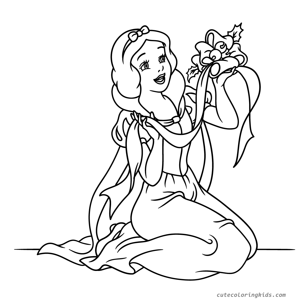 Princess with Beautiful Bouquet of Flowers Line Art Drawing for Children's Coloring