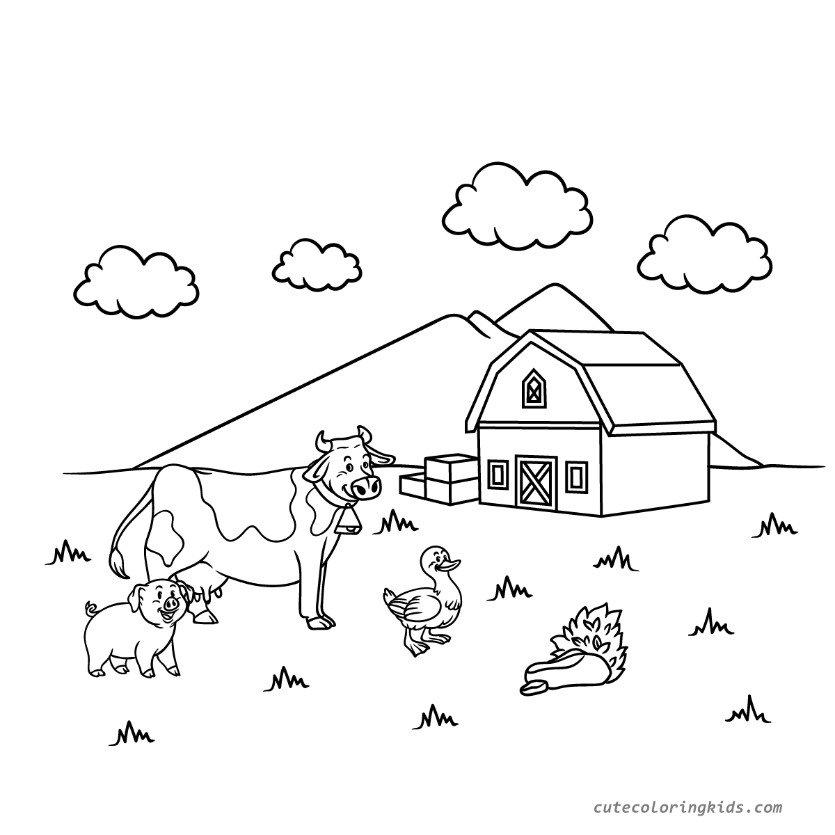 Adorable Farm Animals Gathering Outside the Barn Coloring Page for Children