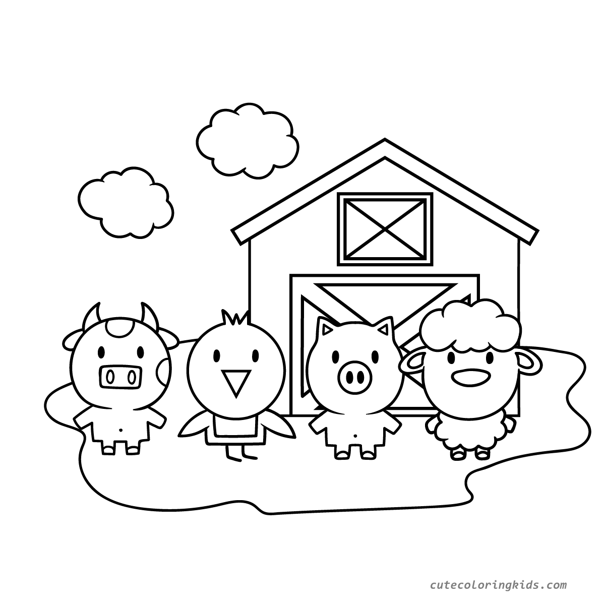 Adorable Farm Friends Barnyard Animals with Barn Coloring Page for Children