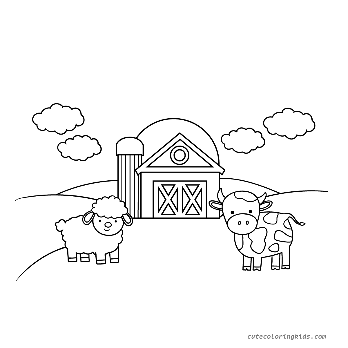 Charming Farm Scene with Barn, Animals and Rolling Hills for Children's Coloring