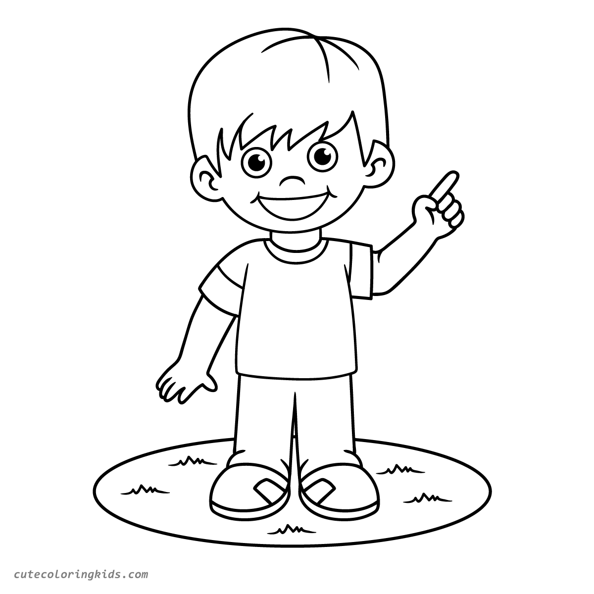 Cheerful Young Cartoon Character Pointing Upward on Coloring Page for Children