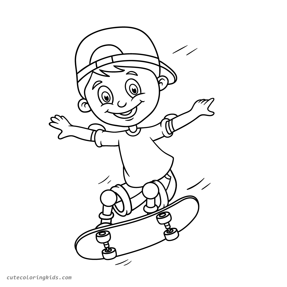 Exciting Skateboarding Adventure: Joyful Young Skater Coloring Page for Kids