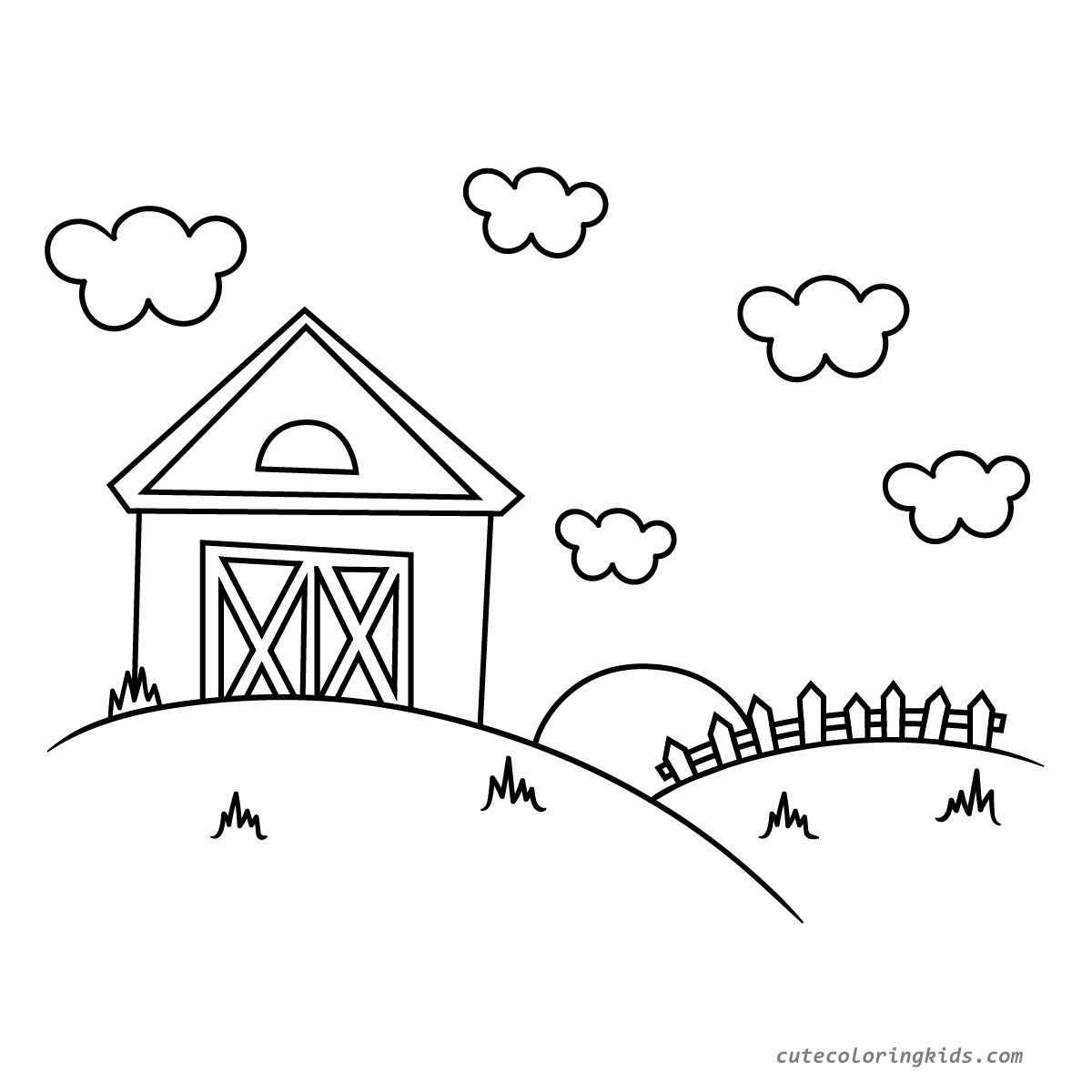 Peaceful Countryside Farm Barn Coloring Page with Rolling Hills and Fluffy Clouds