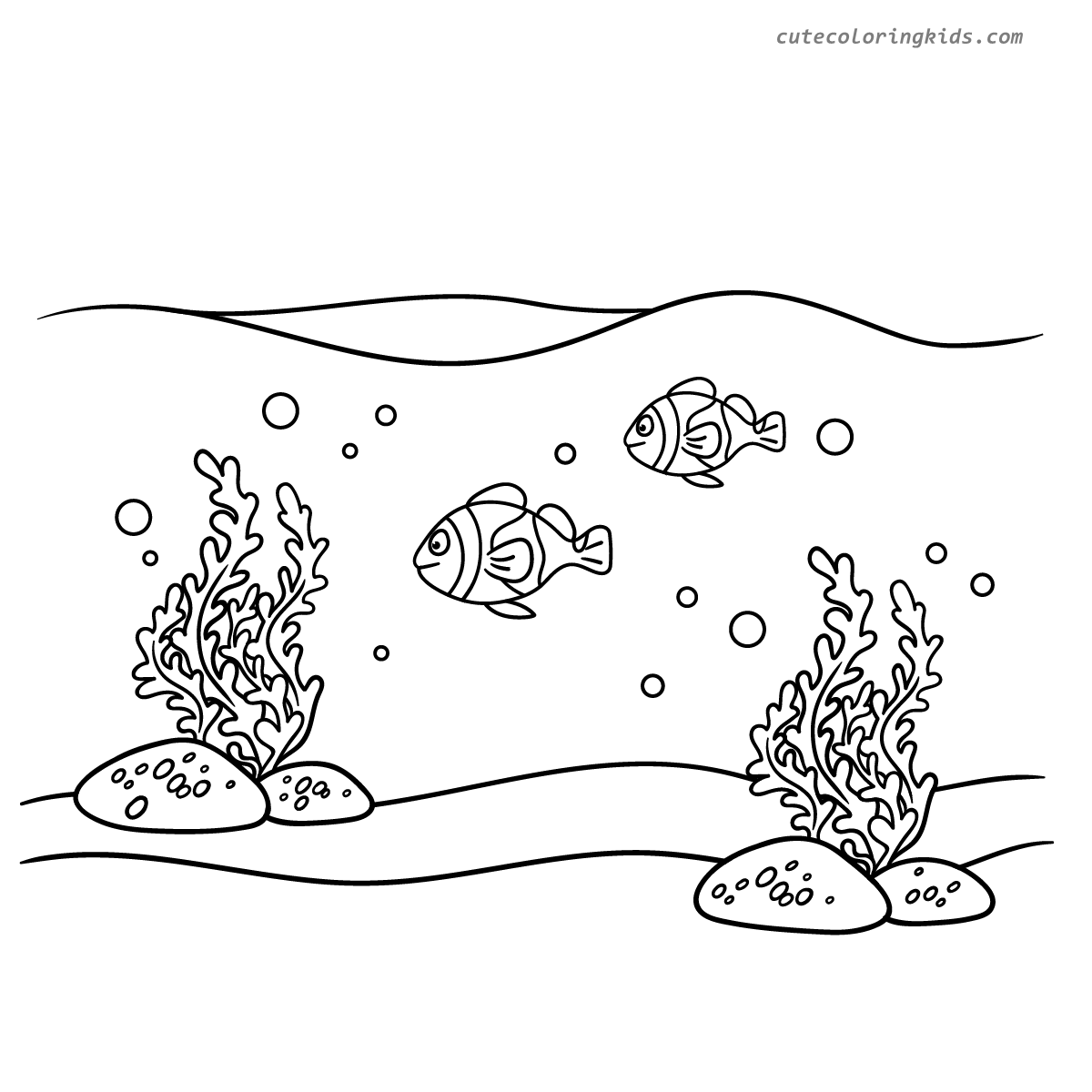 Peaceful Underwater Ocean Scene with Clownfish and Coral Reef Coloring Page