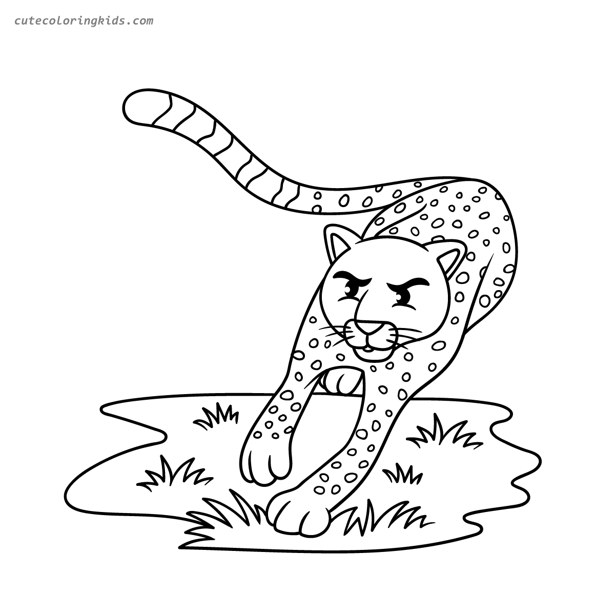 Playful Spotted Cheetah Stretching on Grassy Patch - Wildlife Coloring Page