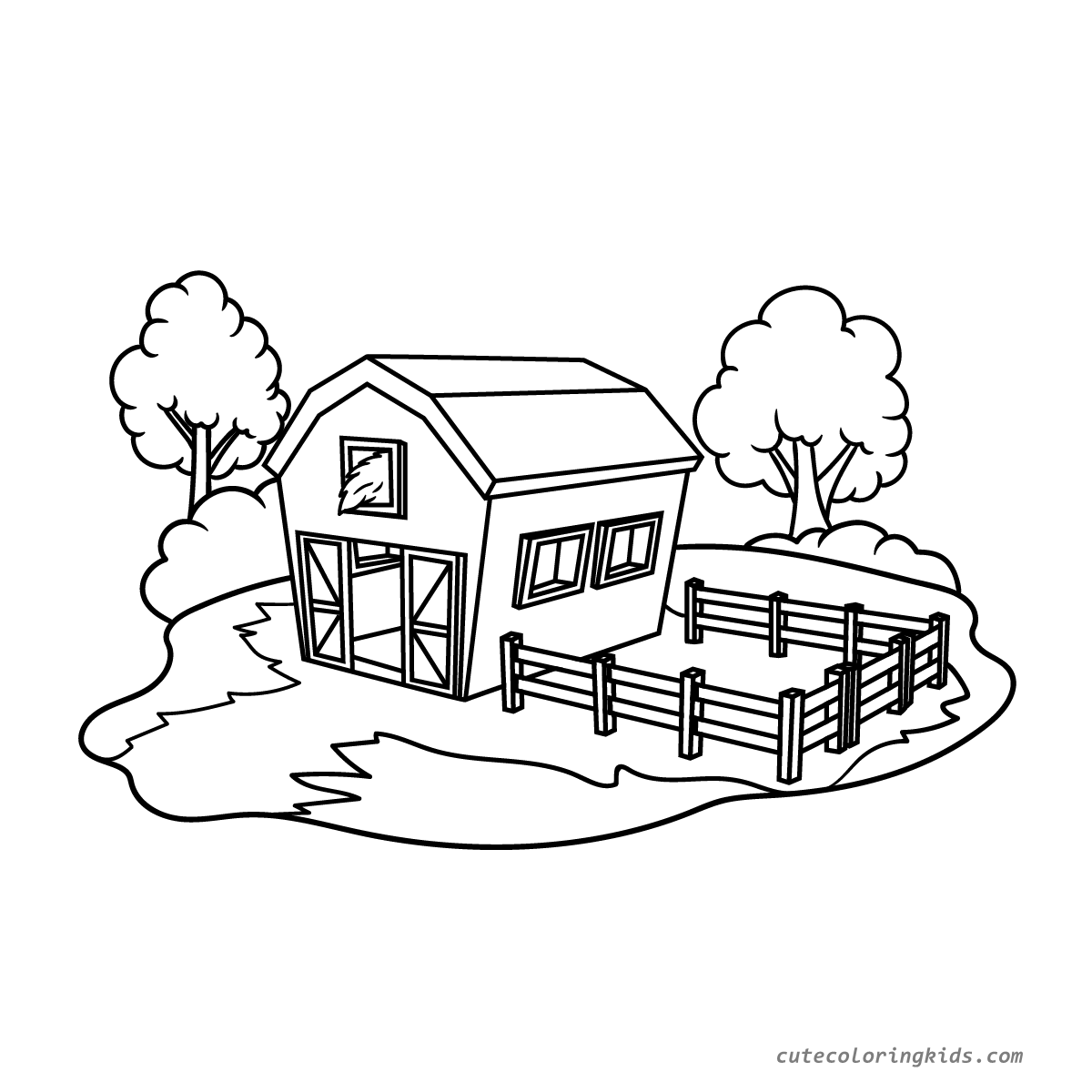 Rustic Countryside Barn with Fenced Paddock Farm Scene Coloring Page for Children