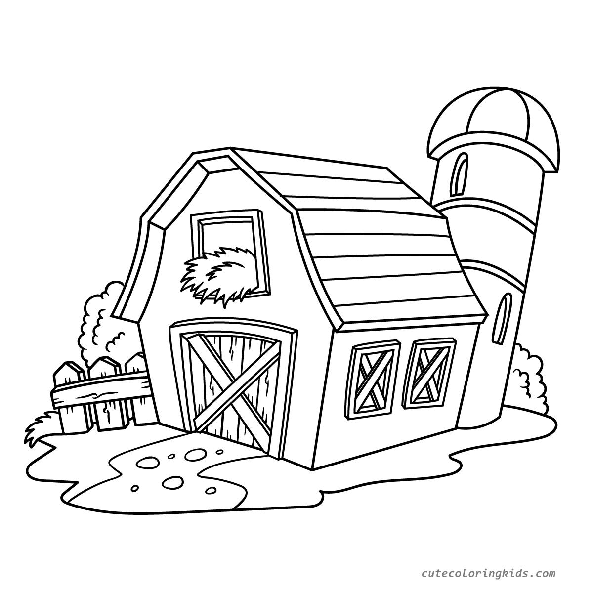 Traditional Farm Barn and Silo Outline Drawing for Children's Coloring Activities