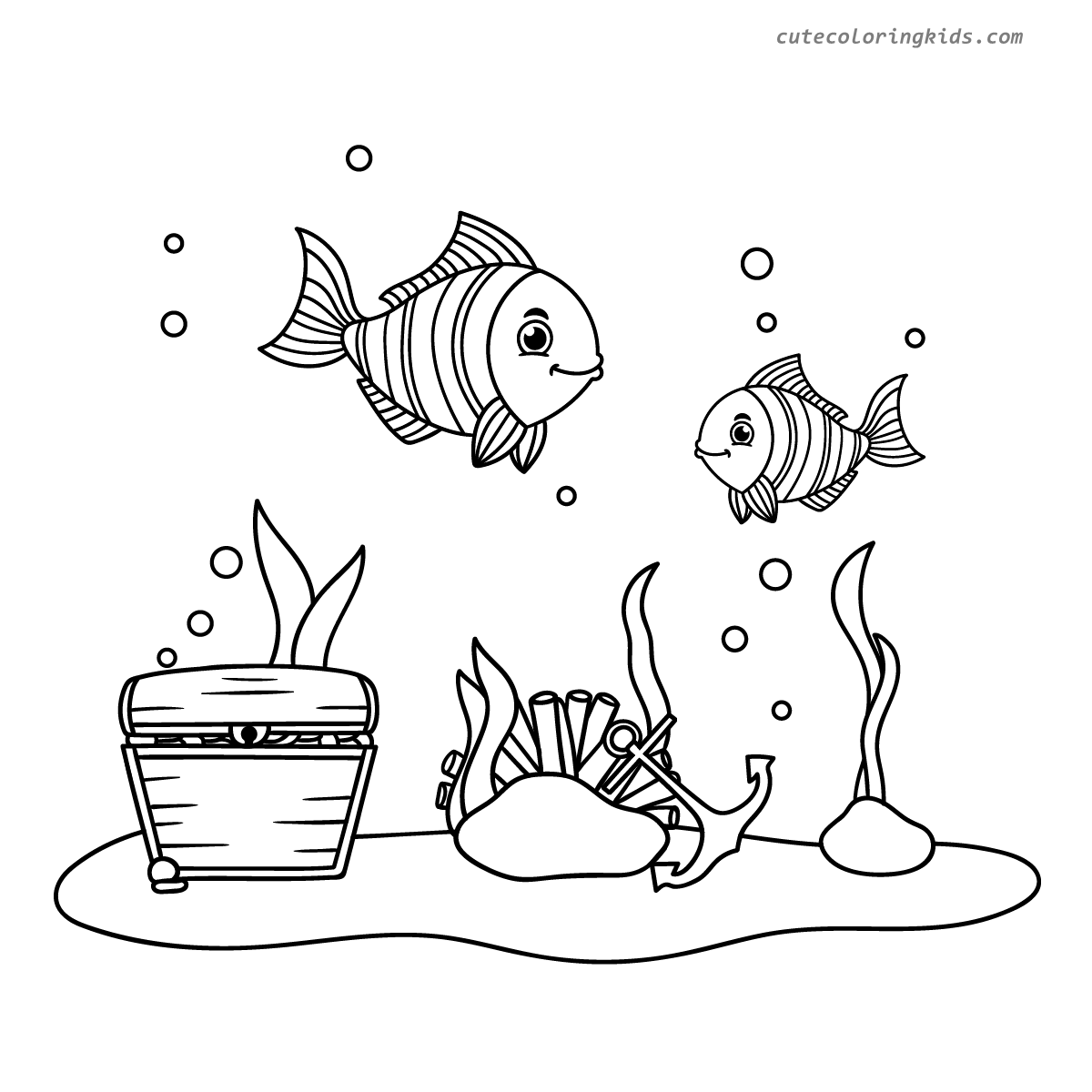 Underwater Ocean Adventure: Striped Fish Swimming Above Treasure Coloring Page