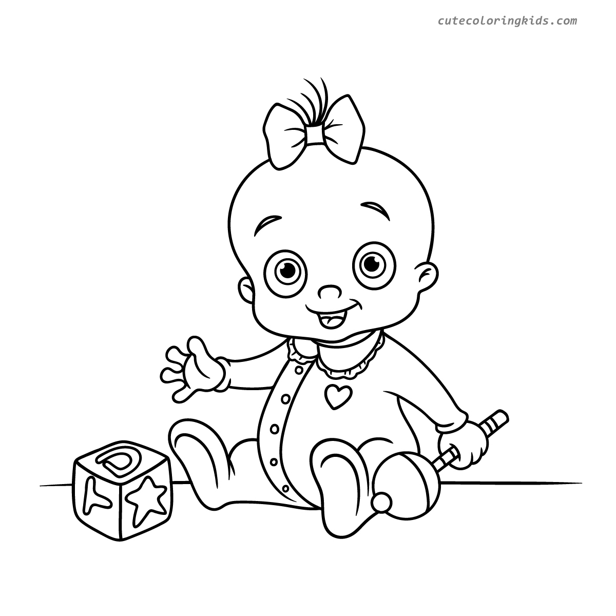 Adorable Happy Baby with Bow and Block Toy Cute Cartoon Coloring Page for Kids