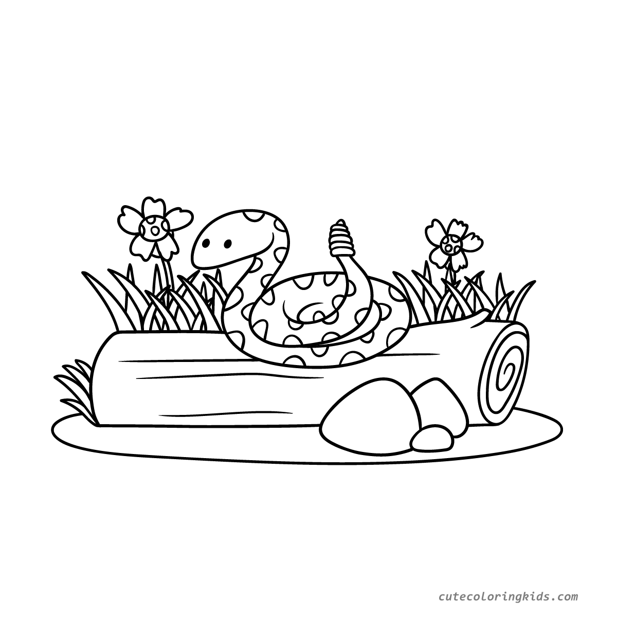 Adorable Woodland Snake Resting on Log Nature Scene Children's Coloring Page