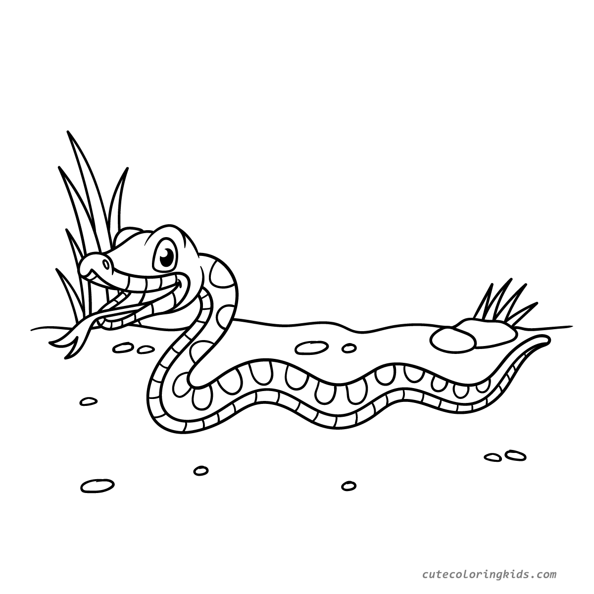 Cheerful Cartoon Snake Slithering Through Grassy Habitat Coloring Page for Children
