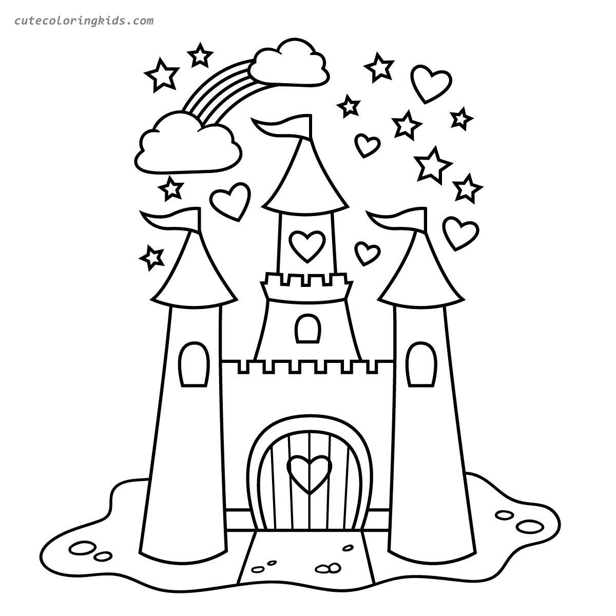 Enchanting Fairy Tale Castle with Hearts and Stars Fantasy Coloring Page for Children