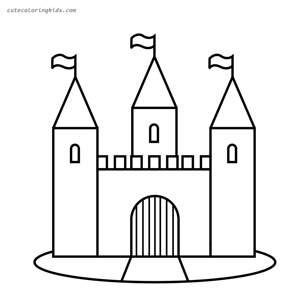 Fairytale Medieval Castle with Three Towers and Flags: Children's Coloring Page