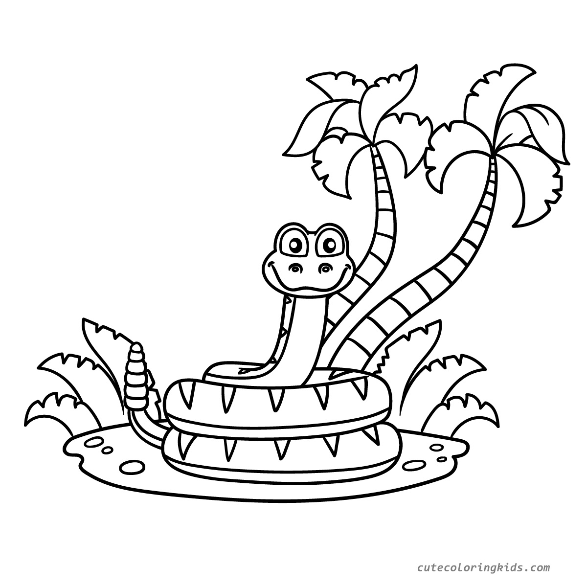 Friendly Tropical Snake Coiled on Island with Palm Trees Coloring Page for Kids