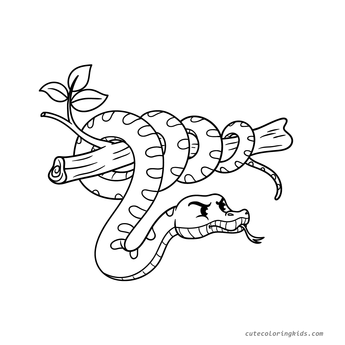 Menacing Cartoon Snake Wrapped Around Branch - Kids Animal Coloring Page Illustration