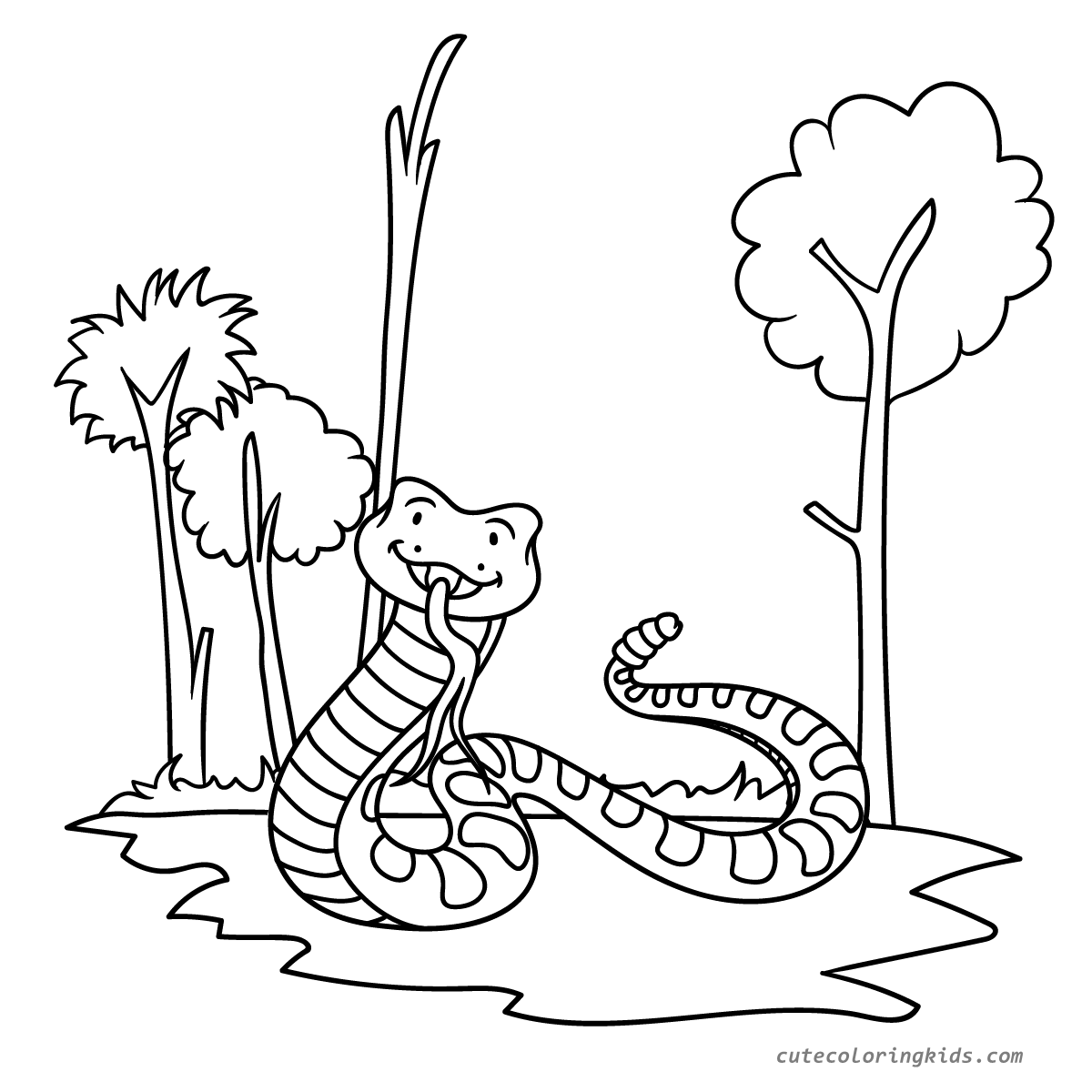 Striped Cartoon Snake in Forest Habitat - Nature Wildlife Coloring Page for Children