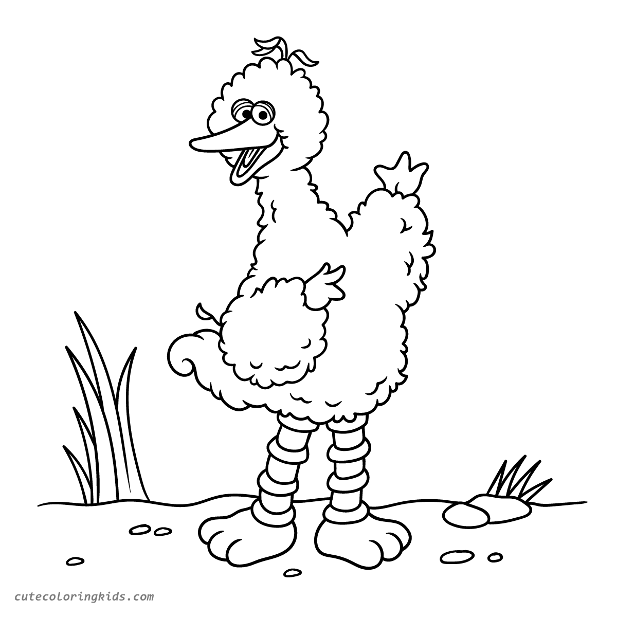 Adorable Big Bird from Sesame Street Standing in Garden Coloring Page for Children