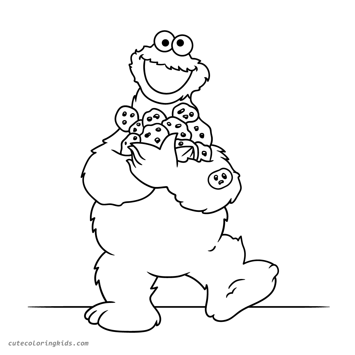 Cheerful Cookie Monster with Bow Tie Holding Cookies - Sesame Street Coloring Page