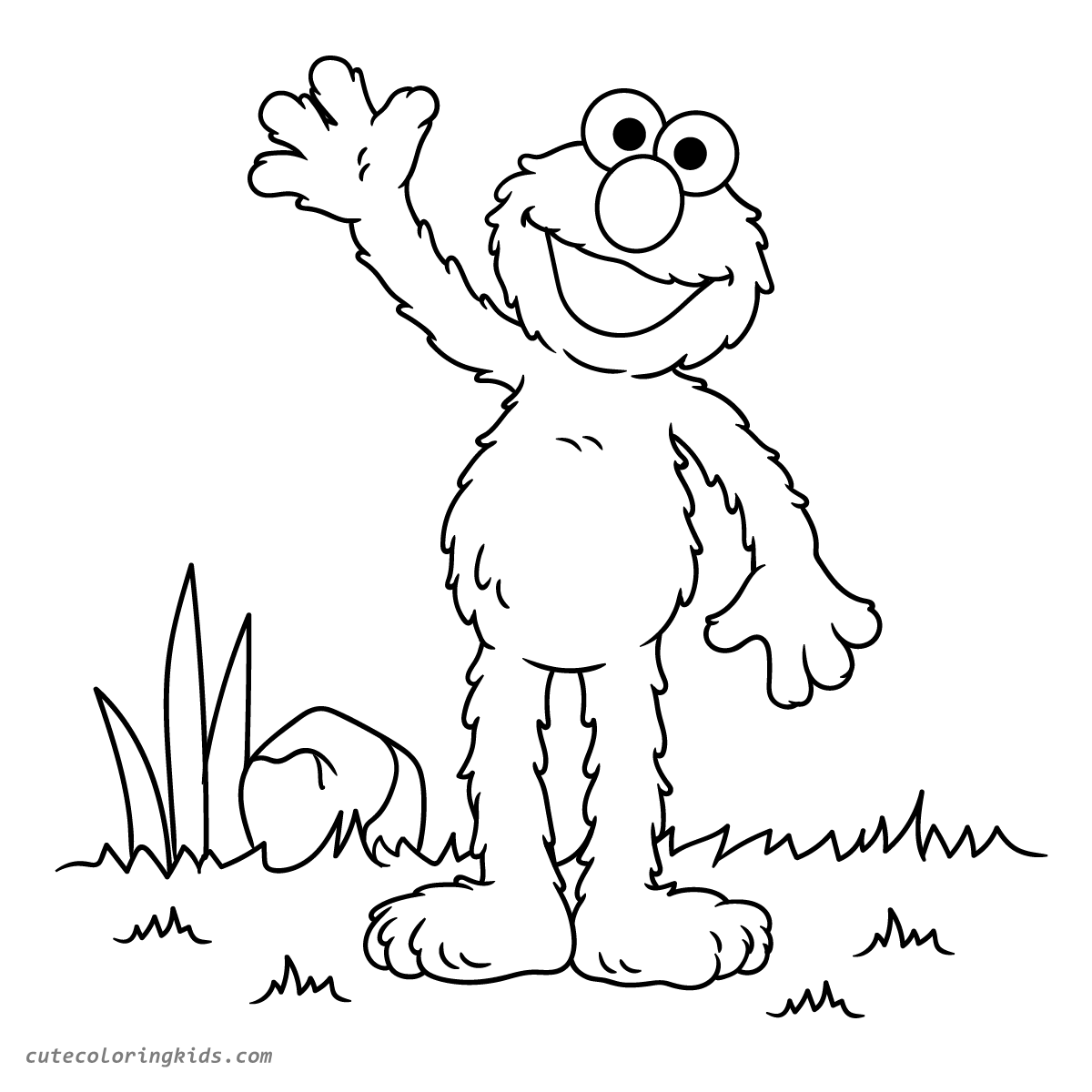 Cheerful Sesame Street Elmo Character Standing in Grass Waving Happily Coloring Page