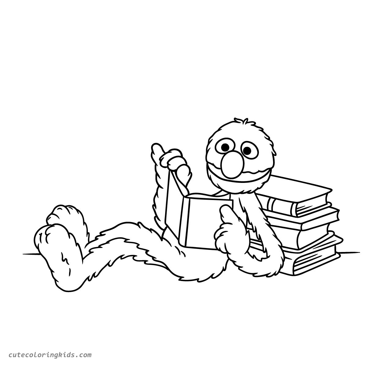 Sesame Street's Furry Monster Enjoying Reading Time with Books Coloring Page